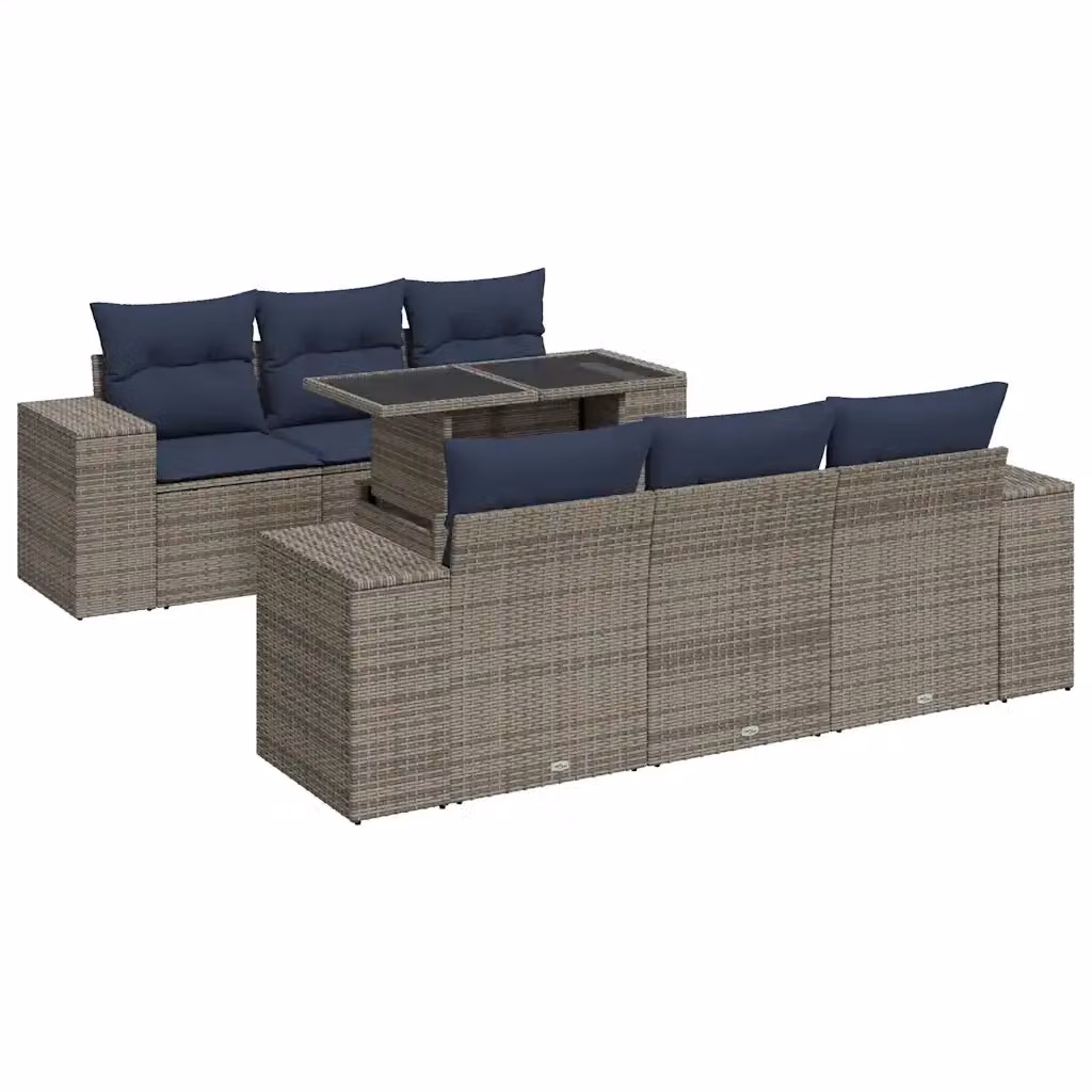 Set da giardino moderno vidaXL composto da 7 pezzi con poltrona ad angolo e tavolino da caffè in polyrattan grigio e blu con cuscini inclusi – 2