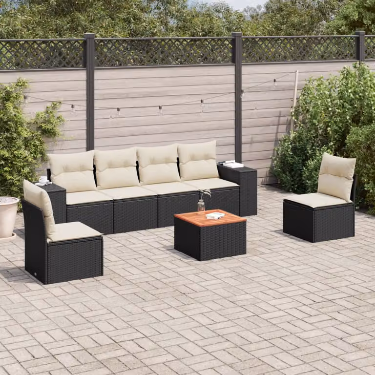Set da giardino vidaXL composto da 7 pezzi con divano a 3 posti, poltrona lounge, tavolino da caffè e cuscini in polyrattan nero