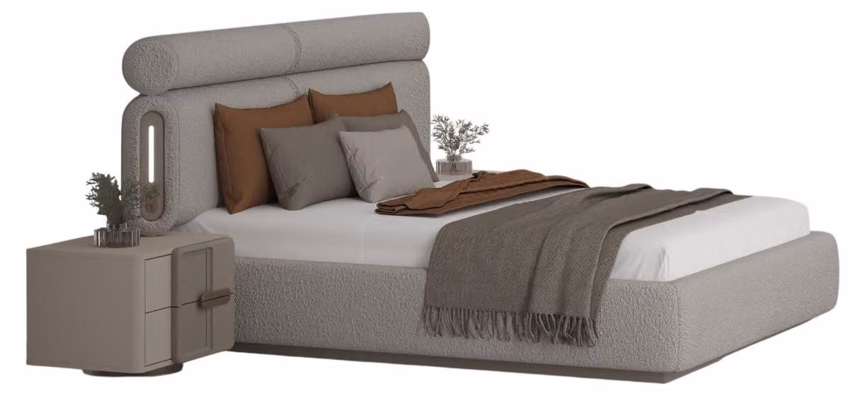 Set da camera da letto in stile moderno, beige, letto morbido, comodini grandi
