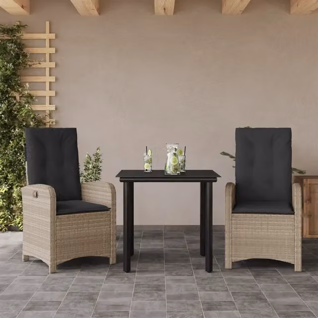 Set Pranzo da Giardino 3 Pezzi vidaXL in Polyrattan con Cuscini e Tavolo in Vetro Grigio Antracite