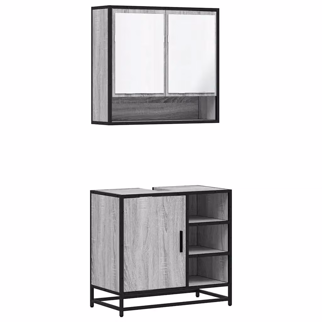 Set Mobili da Bagno Industrial vidaXL in Legno e Metallo Grigio con Armadietto Specchio e Mobile Lavabo L/P/H: 65 x 33 x 60 cm – 2