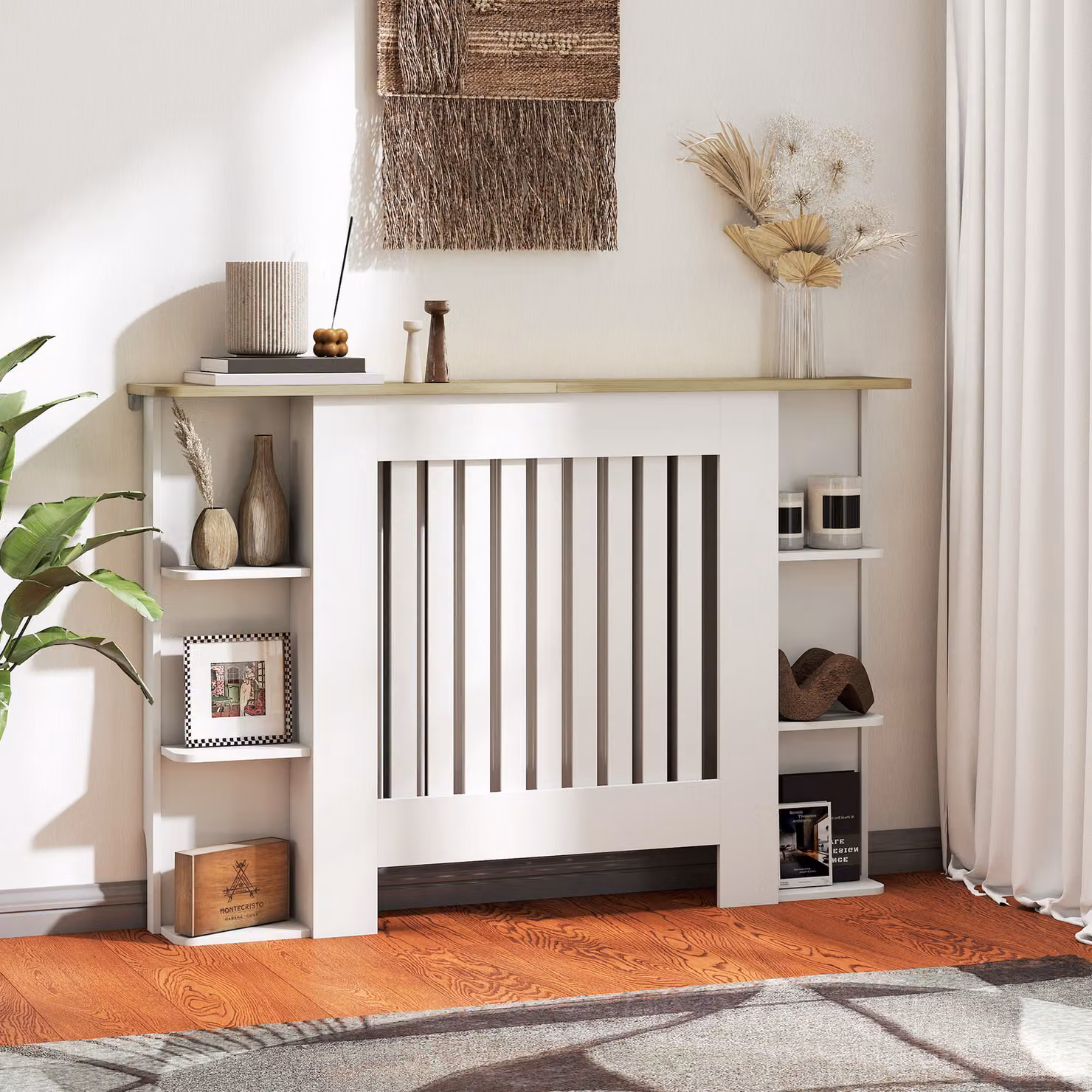 Copri radiatori HOMCOM con ripiani design moderno a listelli bianco L: 124 cm, P: 19 cm, H: 83 cm – 2