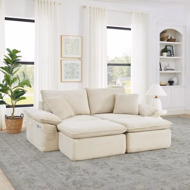 Divano modulare MIVRAY in tessuto beige con pouf coordinato per il tuo soggiorno