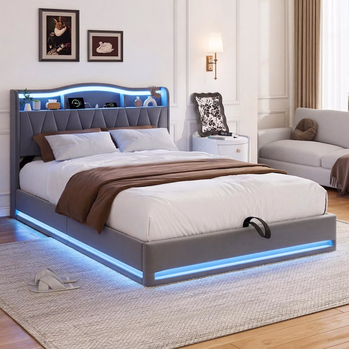 Letto imbottito UnboxG, 140x200 cm, con spazio contenitore, illuminazione LED, stazione di ricarica USB e ripiano integrato nella testiera – Letto con sistema di sollevamento idraulico e contenitore