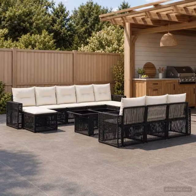 Set Divano da Giardino vidaXL a Forma a U composto da 11 Pezzi con Cuscini, Colore Nero e Bianco Crema – 1