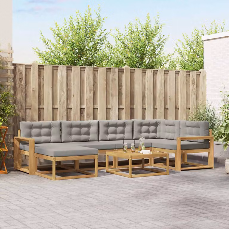 Set di divani da esterno vidaXL 7 pezzi in legno di acacia con cuscini Bianco e Grigio