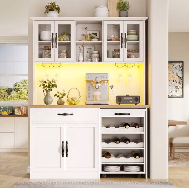 Mobile Cucina con Mobile Alto da 140 cm, Illuminazione LED, Porta Bicchieri e Portabottiglie