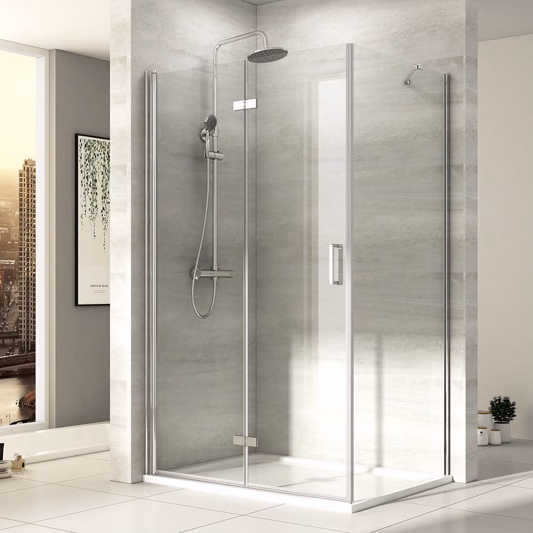 Cabina doccia EMKE 75 x 90 x 195 cm con ingresso angolare e porta a soffietto Doccia ribaltabile a 180º Parete doccia Parete divisoria con parete laterale in vetro di sicurezza ESG da 6 mm
