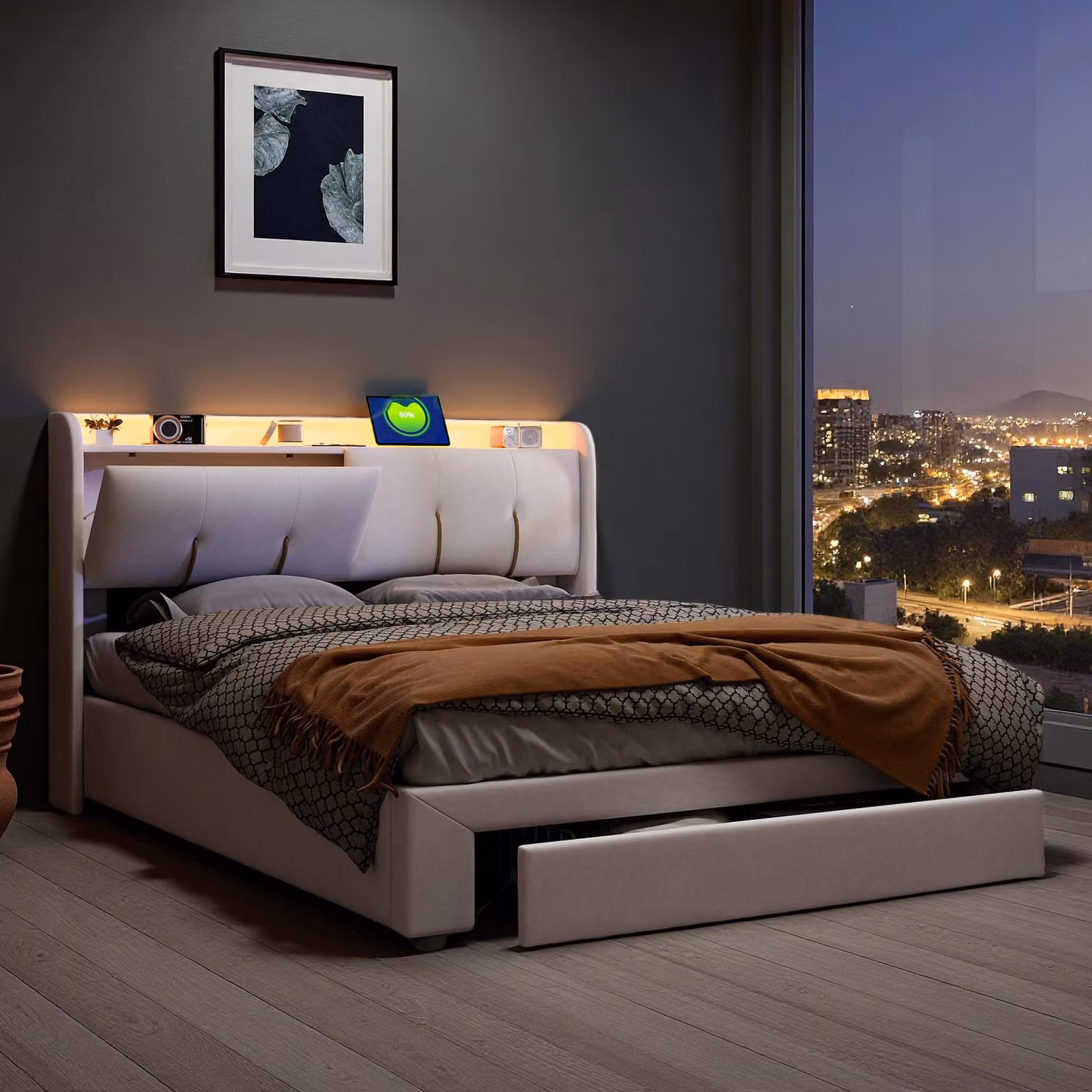 UnboxG Letto imbottito 160 x 200 cm con illuminazione a LED, connessione USB e contenitore - Letto con alzata a gas, in velluto, beige, testata con contenitore e funzione pieghevole