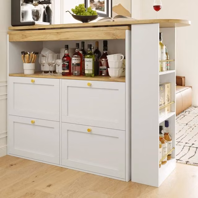 Mobile contenitore girevole OKWISH con 4 cassetti e ripiani aperti in MDF e metallo, design moderno per soggiorno e ufficio, Bianco/Oro/Nero