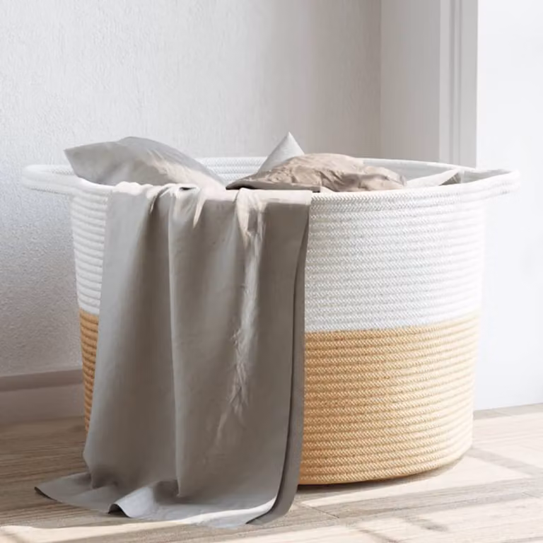 vidaXL Cesto per Biancheria in Cotone Pieghevole con Maniglie, Multicolore Beige e Bianco, Ø55 x H36 cm