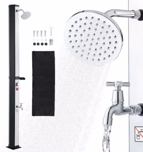 VEVOR Doccia Solare da Giardino da 35 L con Soffione Regolabile, Tappetino Antiscivolo e Rubinetto Acqua Calda e Fredda, Altezza: 195 cm, Nero e Argento