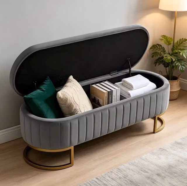 Panca contenitore imbottita in velluto 130 cm grigio chiaro con piedi in metallo dorato