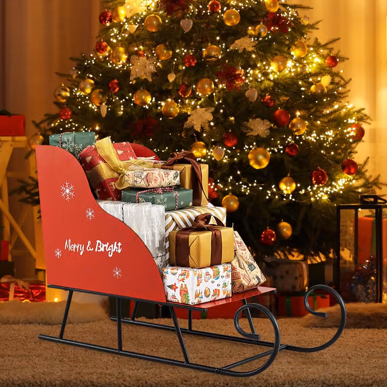 Cestino decorativo a forma di slitta di Babbo Natale Costway in metallo rosso per casa e ufficio