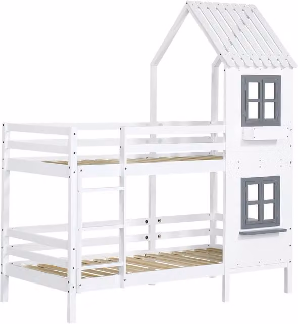 Letto a castello per bambini in pino bianco con ringhiera e finestra, 90x200 cm
