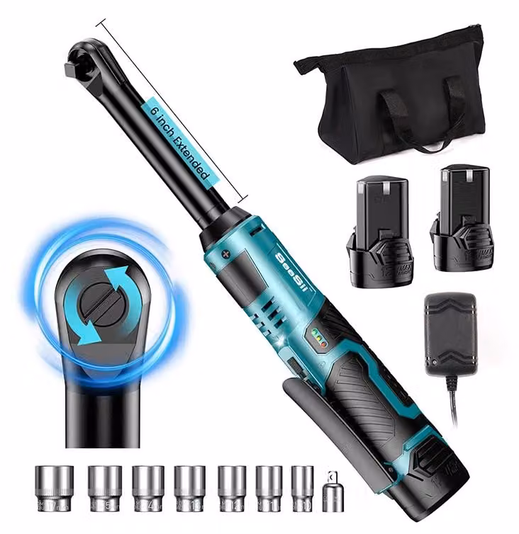 Chiave a cricchetto elettrica ricaricabile - 12 V - 55 Nm - Motore brushless - Albero allungato di 15,2 cm - Attacco quadrato di 0,95 cm - 2 batterie