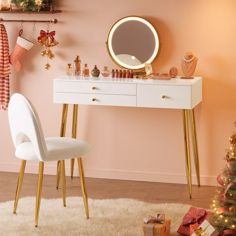 WOLTU: toletta con illuminazione, lampada a LED regolabile sopra lo specchio, toletta con 3 cassetti, ampio piano da 100x40 cm, toletta con sgabello in velluto, bianco+crema+oro