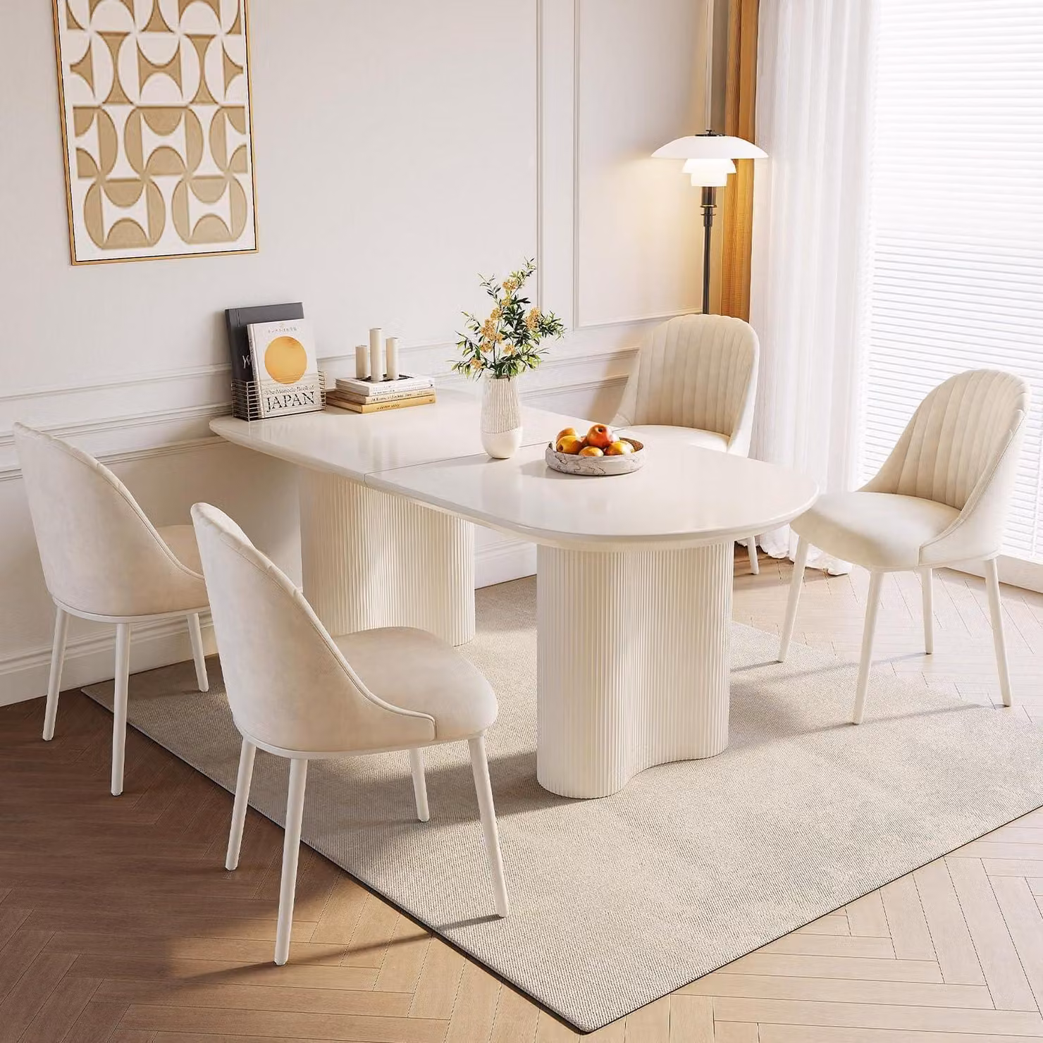 Tavolo da pranzo con 4 sedie, colore bianco, dimensioni 160 cm, stile minimalista