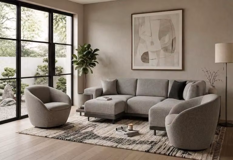 Set moderno per soggiorno: divano angolare a forma di L, due poltrone, comfort di alta qualità