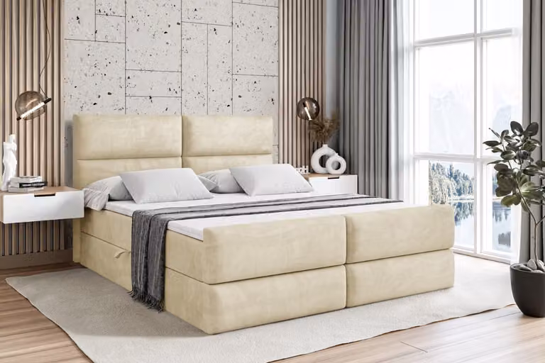 Letto boxspring ALTDECOR con pediera, materasso H3 e topper - 120x200 cm - BOXI3-Z - Velluto beige - Letto imbottito con contenitore e rete a doghe, letto con spazio contenitivo
