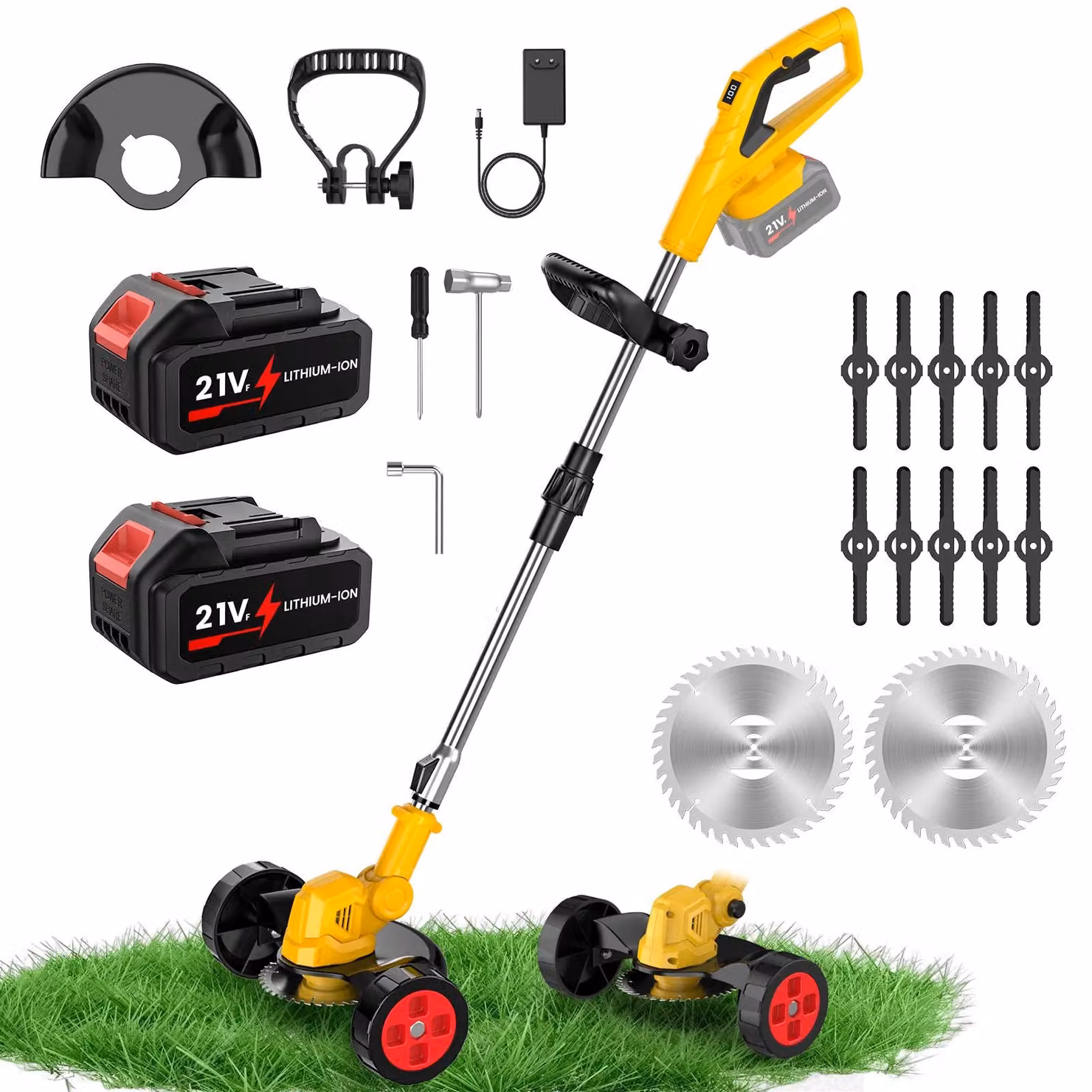 Tagliasiepi a batteria - Dispositivo per eliminare le erbacce - 500 W - 7800 giri/min - 21 V - 2 batterie da 3000 mAh - Telescopio regolabile da 95 a 135 cm - Colore: giallo