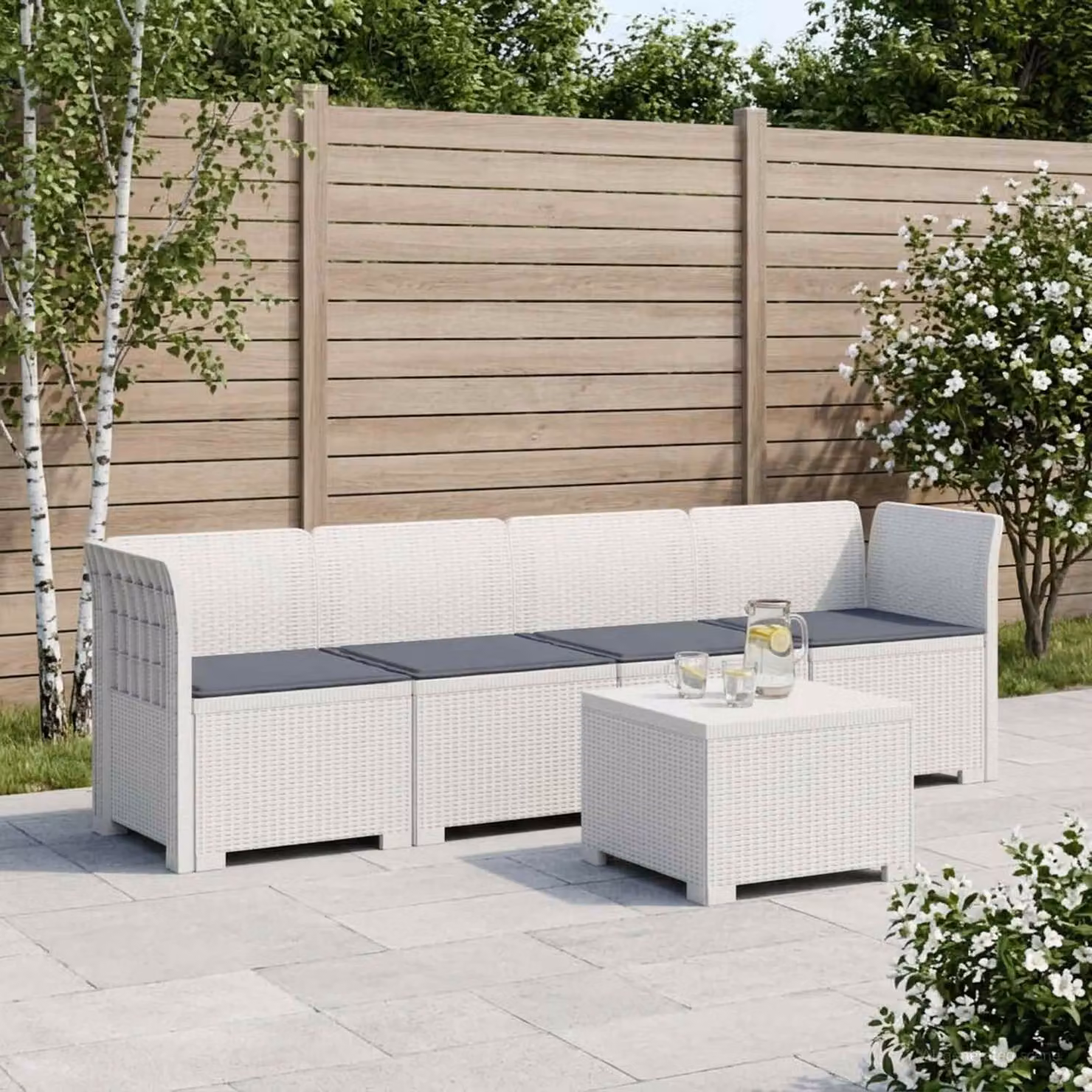 Set da giardino moderno vidaXL a forma di L con divano angolare, tavolino da caffè e cuscini, in stile rattan bianco o grigio