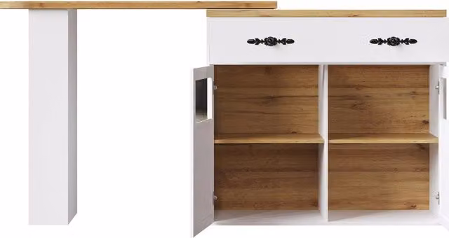 Tavolo bar allungabile con rotazione a 360°, MDF bianco, 138-204×39×104 cm, mobile con ripiani e cassetto