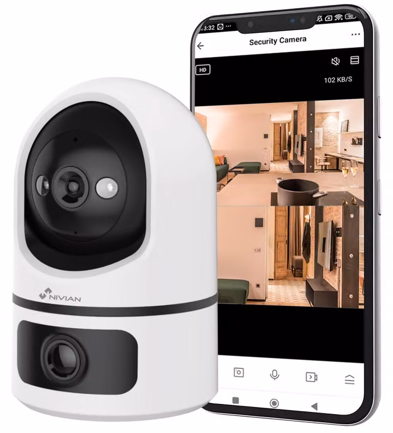 Telecamera di sicurezza Wi-Fi interna 2K con doppia lente e motore, con funzione di tracciamento automatico