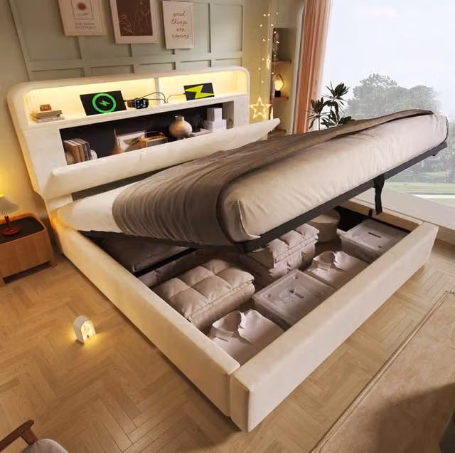 Letto 160x200 cm con contenitore idraulico, LED e ricarica USB/USB-C in velluto beige