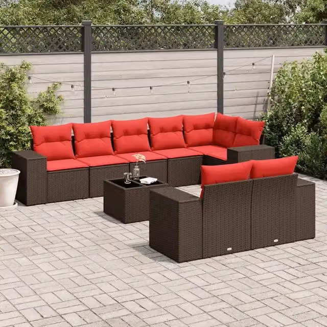 Set Divani da Giardino 9 pz con Cuscini Marrone in Polyrattan 3222833