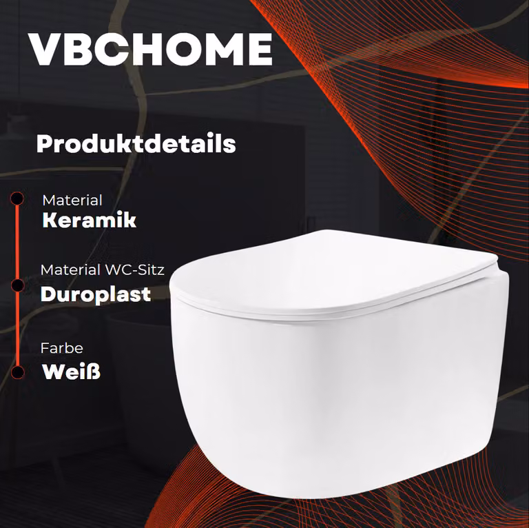 VBChome WC sospeso senza brida in Vetroceramica con coperchio WC Sedile WC in duroplast Sistema di chiusura ammortizzata Rimless Funzione SoftClose WC a scarico profondo