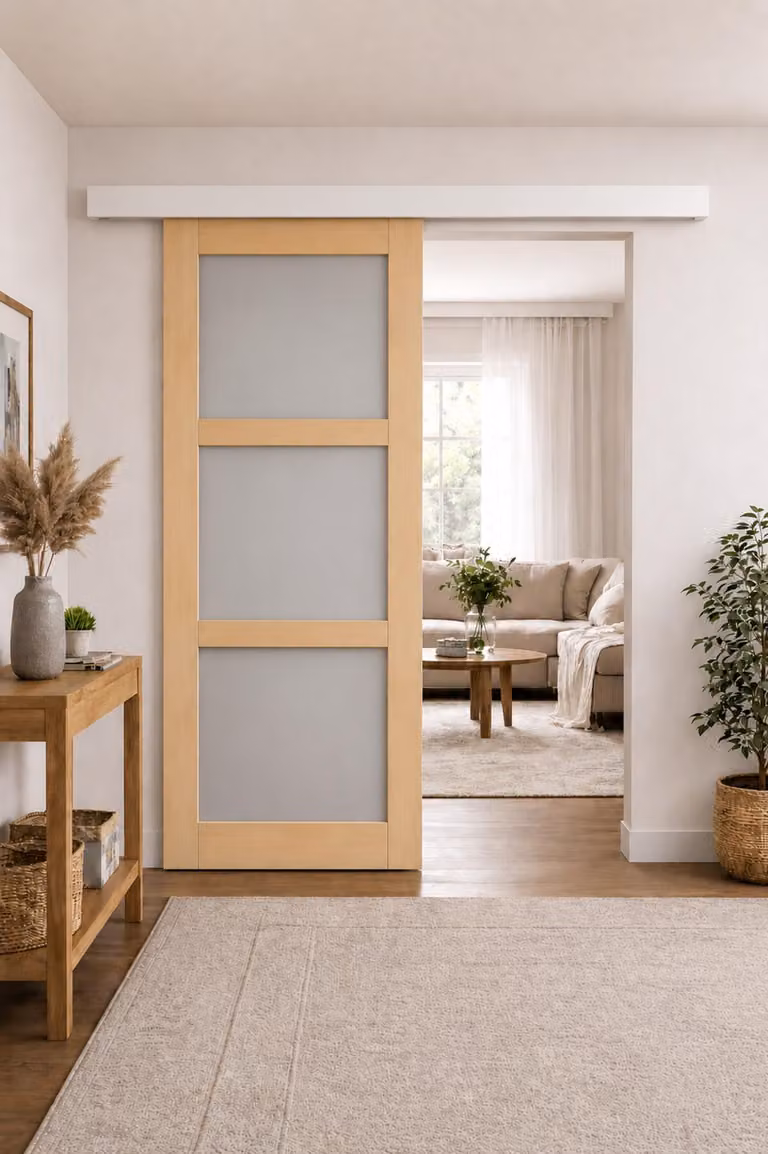 Porta scorrevole Ayous a 3 pannelli grigio chiaro H204 x L83 cm, binario in alluminio con fascia bianca GD MENUISERIES