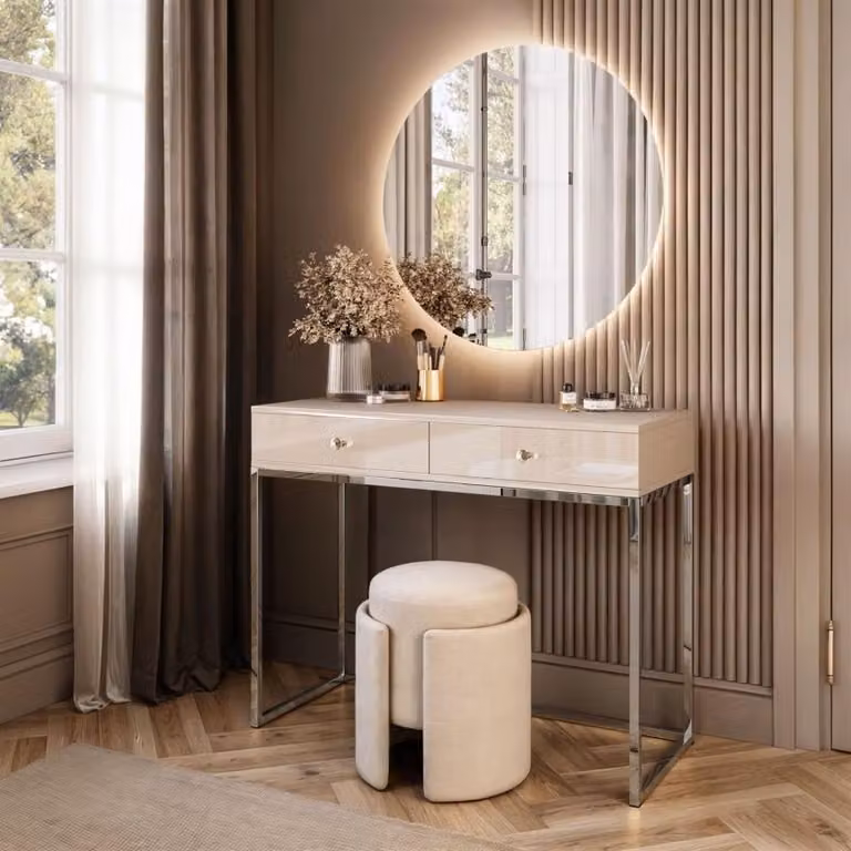 Tavolino BLANCO GLAMOUR su struttura cromata con specchio LED e maniglia in cristallo bianco