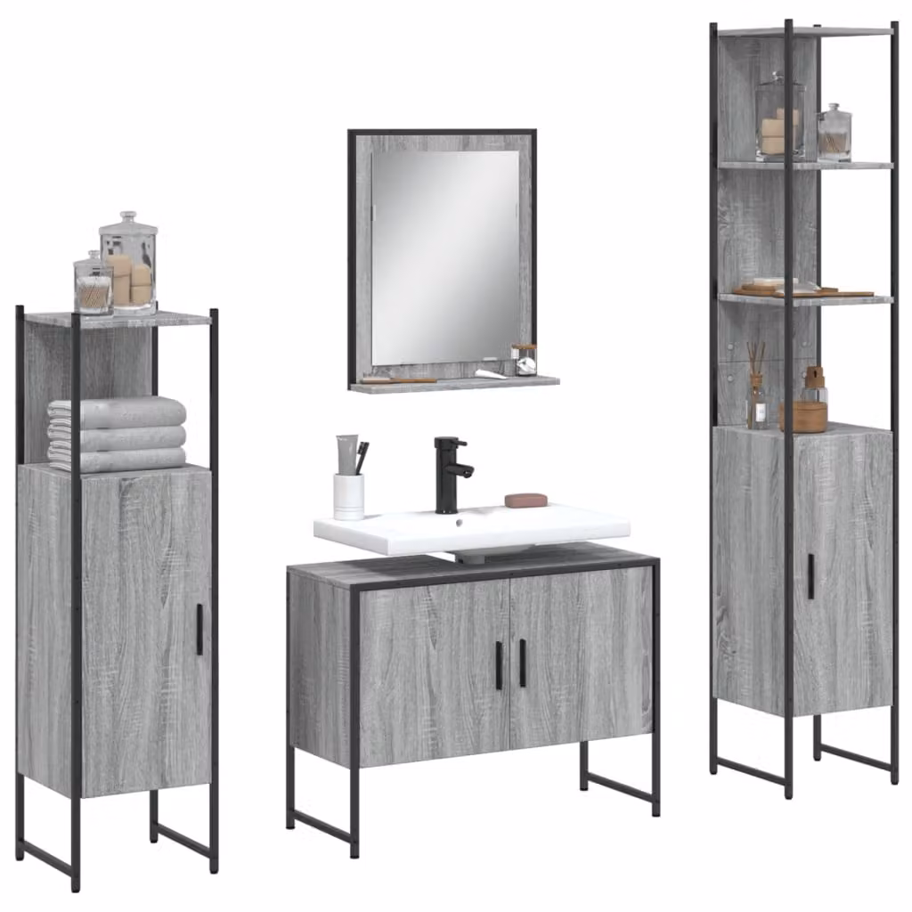 Set di mobili da bagno moderno vidaXL composto da 4 pezzi in colore grigio con vanity unit, armadio alto, armadietto laterale e specchiera