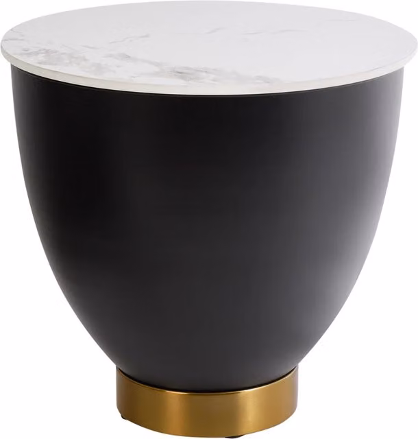 Tavolino rotondo moderno BELIANI con piano in pietra sinterizzata bianca e base in metallo nero e oro, diametro: 48 cm – 1