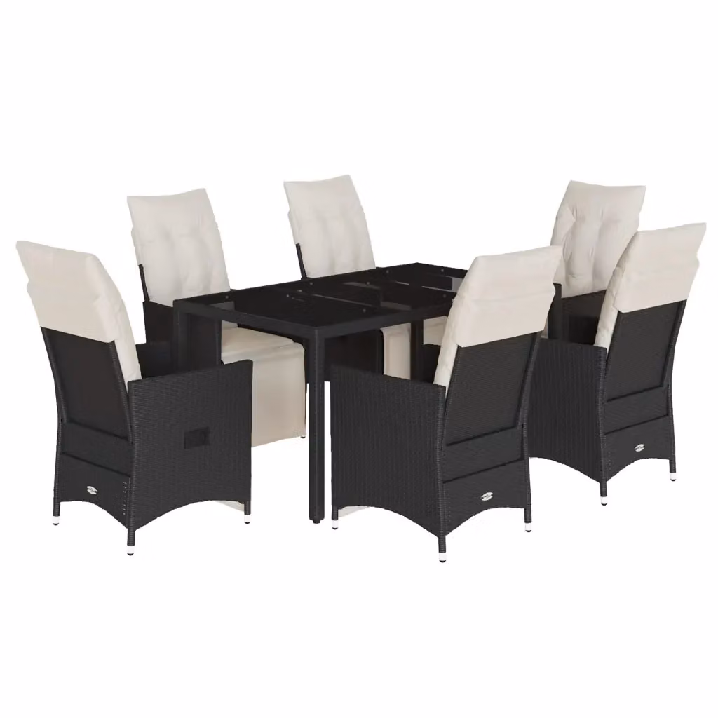 Set da Pranzo da Giardino vidaXL 7 pz in Polyrattan Nero con Cuscini e Tavolo in Vetro – 2