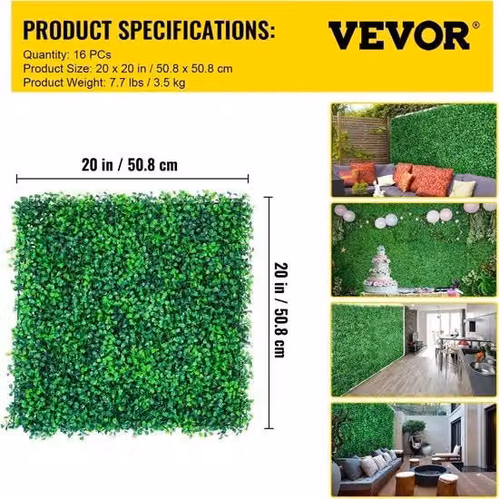 Set di 12 pannelli decorativi per parete in Buxus Vevor, colore verde, L 50 x P 50 cm