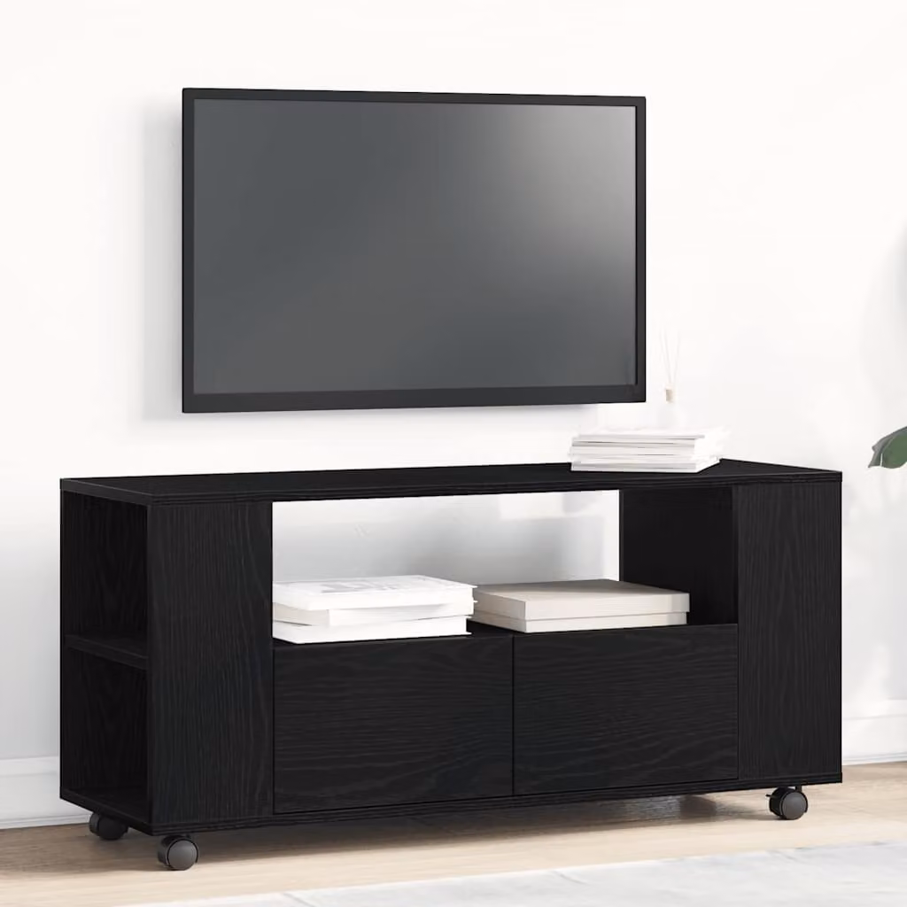 vidaXL Mobile Porta TV con Ruote in Rovere e Nero, L 102 cm x P 34,5 cm x H 43 cm