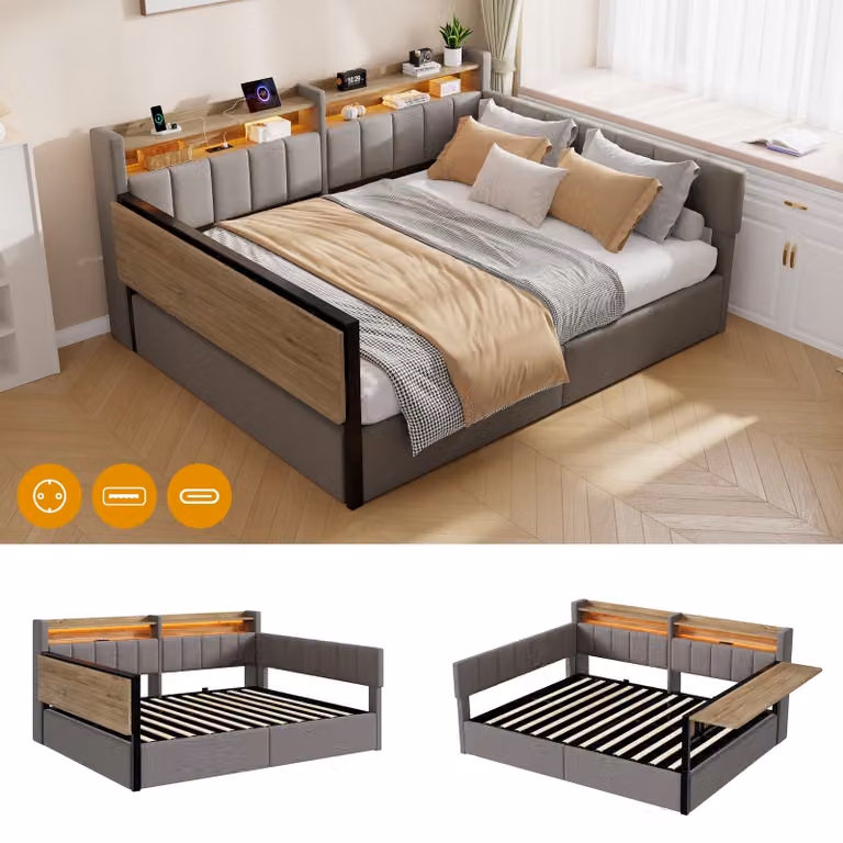 Letto a giorno 140 x 200 cm con spazio contenitore a sollevamento idraulico, luci LED RGB controllabili tramite app, porte USB e USB-C, tavolino pieghevole e vani portaoggetti, rivestito in velluto, colore grigio