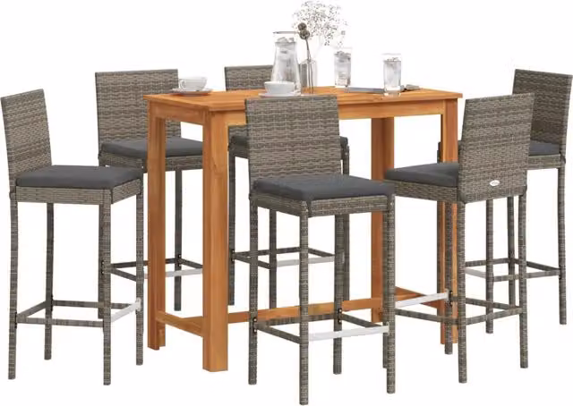 Set Bar da Giardino 7 pz Grigio in Legno Acacia e Polyrattan 3295281