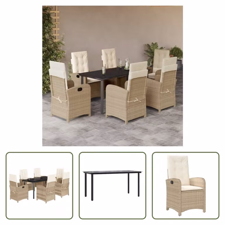 The Living Store Set da pranzo da giardino 7 pezzi con cuscini Beige poly rattan