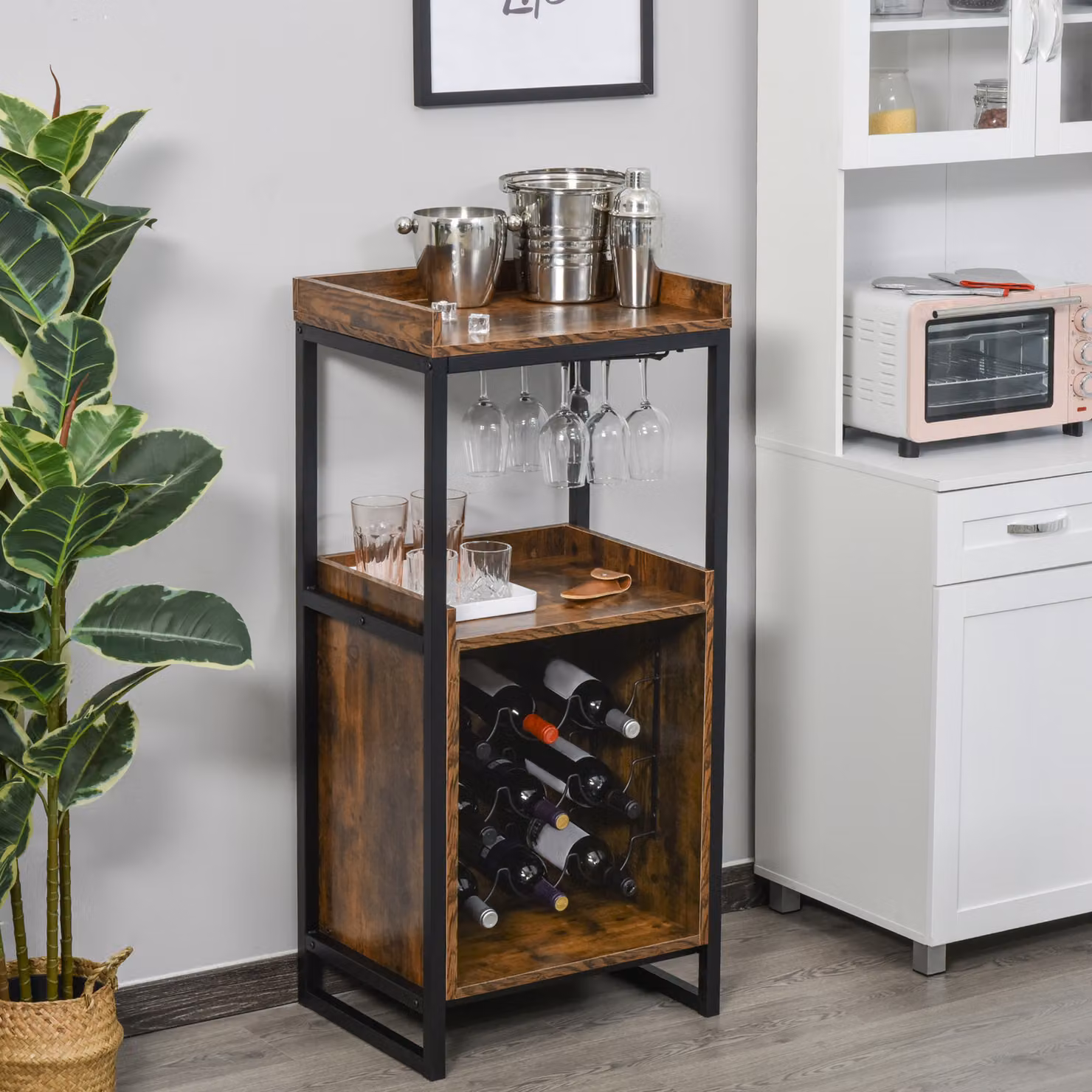 Mobile Portabottiglie e Cantinetta Vini HOMCOM in Stile Industriale con Portacalici, Marrone – 2