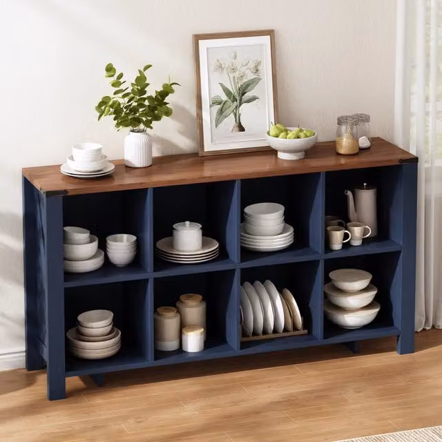 Mobile contenitore con 8 vani aperti, finitura blu effetto legno, per cucina e soggiorno, in MDF, 140 × 34 × 75 cm