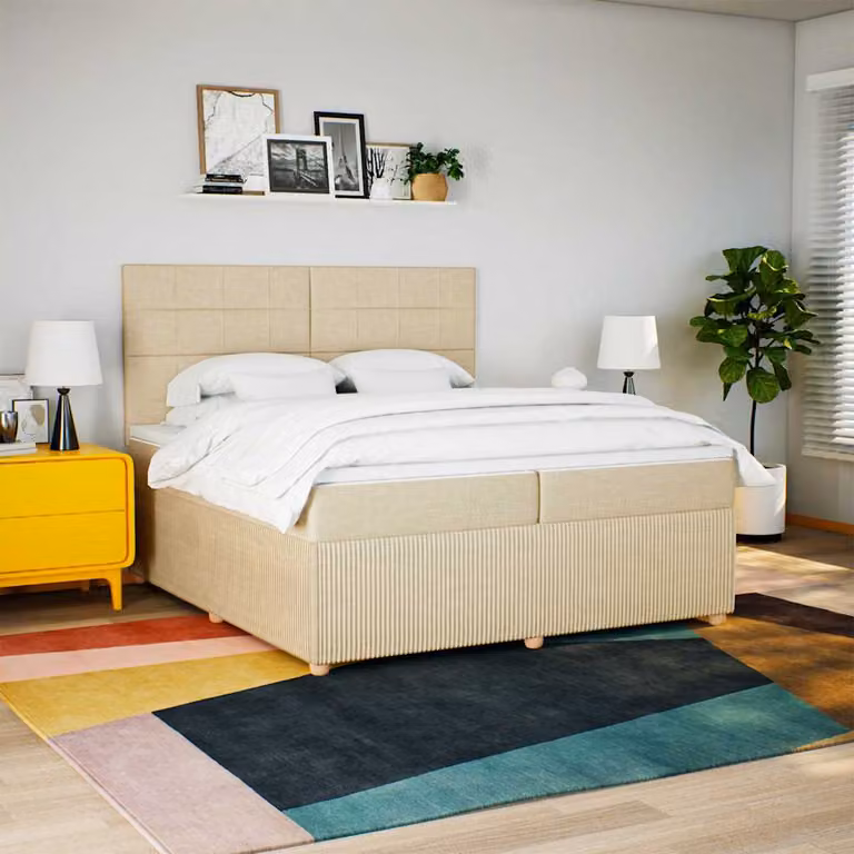 vidaXL Letto Ibrido con Giroletto a Molle e Materasso in Tessuto Beige e Bianco, L/P: 200 x 200 cm