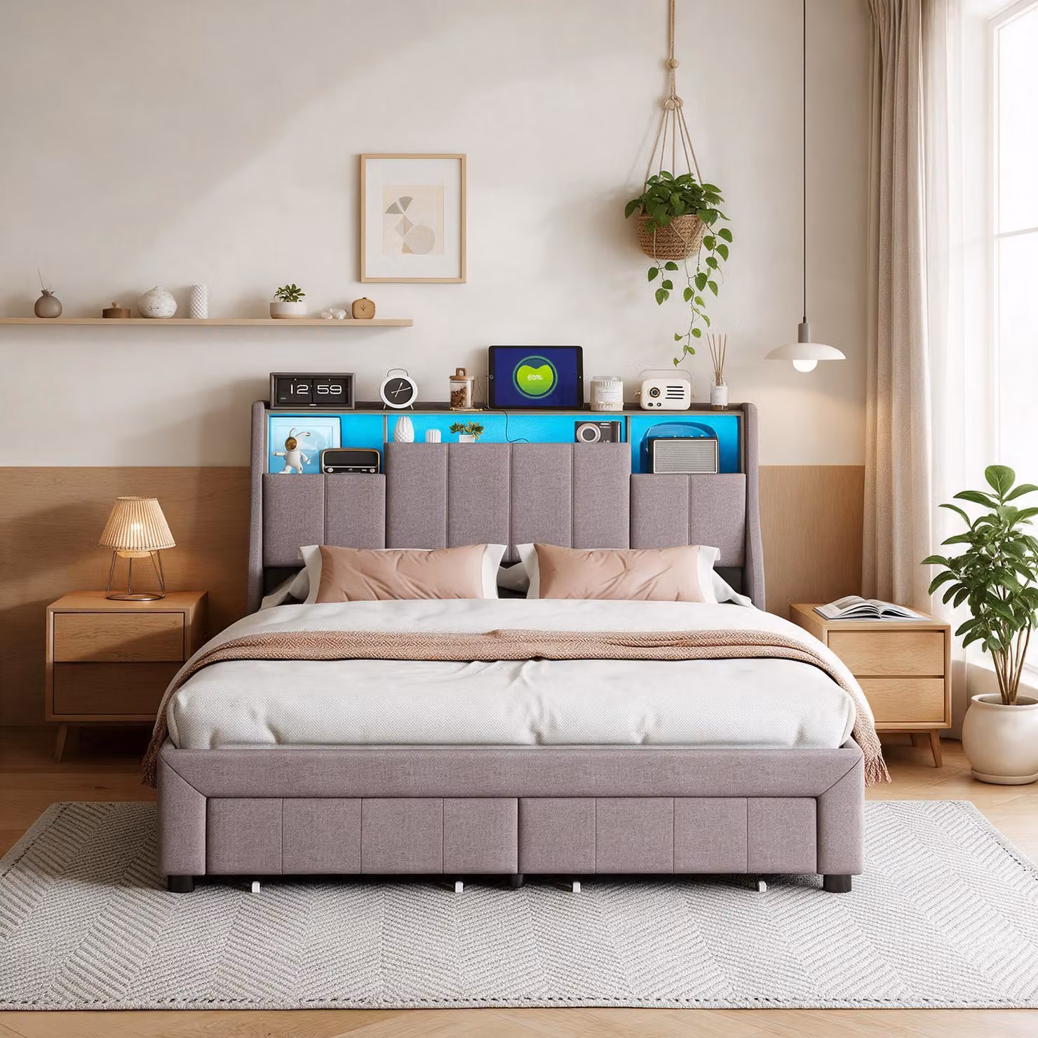 Letto imbottito INONEFT, 160x200 cm, con illuminazione LED e porta USB, letto per ragazzi con 2 cassetti, testiera con tasca laterale e vano contenitore, colore grigio lino