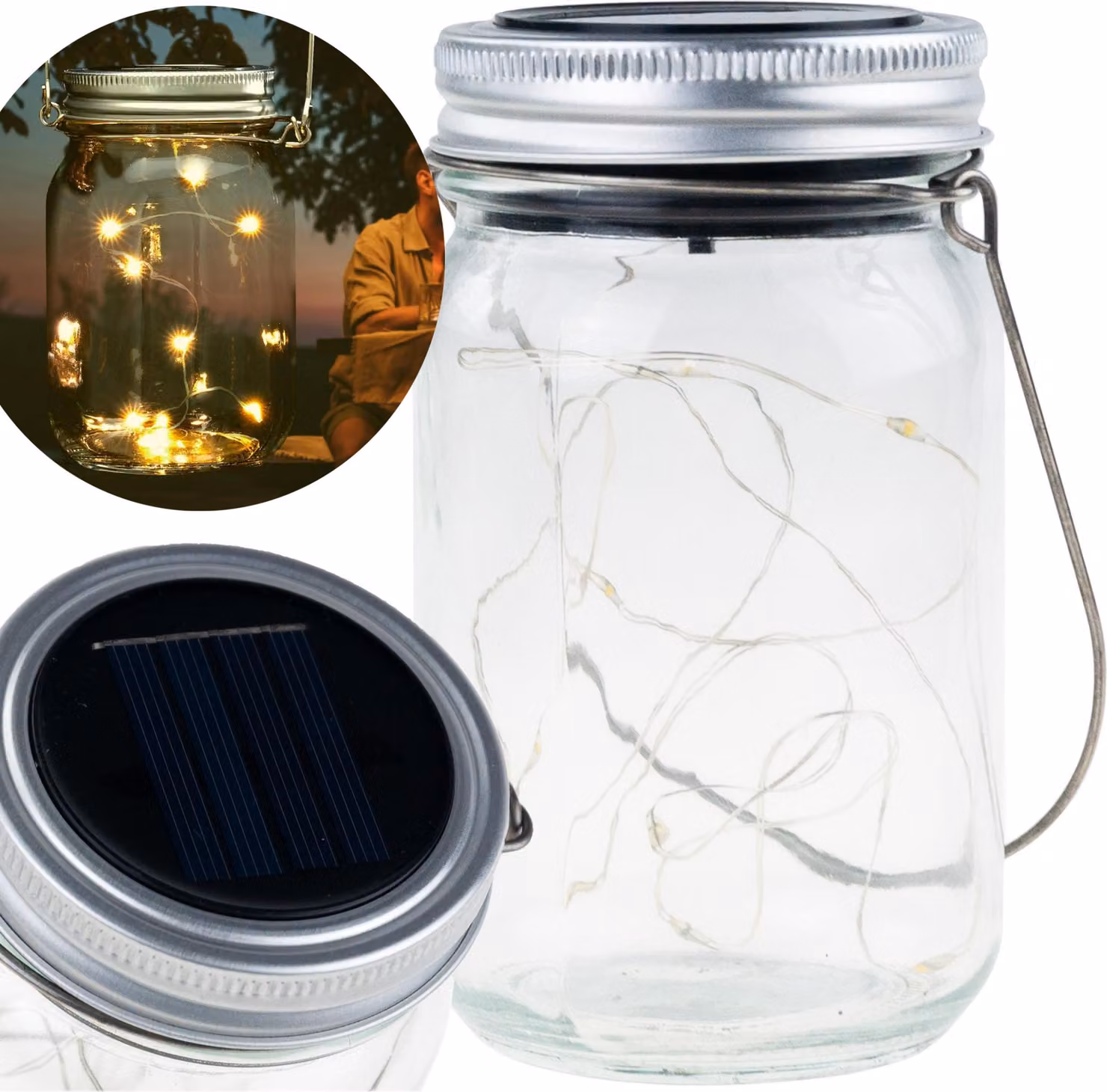 Lampada da giardino a led, lanterna solare a sospensione, vaso di vetro, filo 10 Led bianco caldo