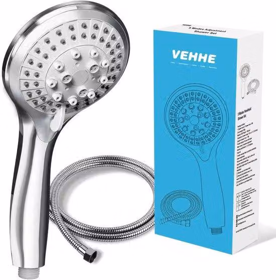 Soffione doccia ad alta pressione con braccio cromato, 5 tipi di getto, a risparmio idrico, per adulti, bambini e animali domestici, lunghezza 1,5 m