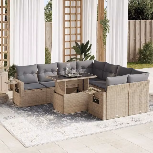 Set Divano da Giardino 9 pz vidaXL in Polyrattan con Cuscini Beige e Grigio e Tavolino da Esterno