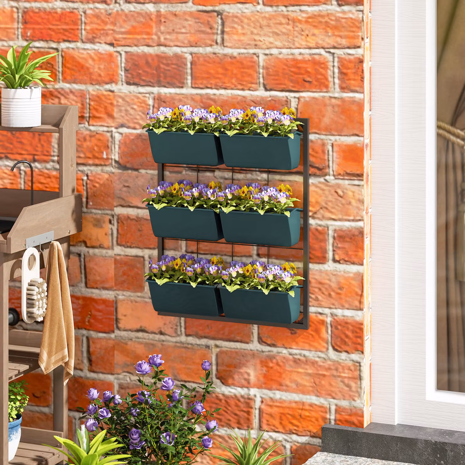 Outsunny Set di 6 Vasi per Orto Verticale su 3 Livelli in Acciaio e Plastica, Verde Scuro, L: 52 cm, P: 14 cm, H: 66 cm – 2