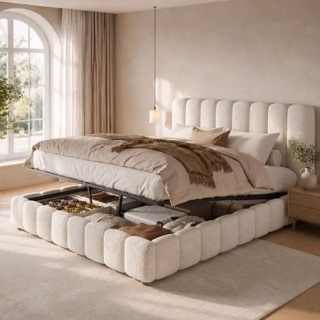 Letto matrimoniale imbottito 160x200 cm con contenitore idraulico, rete a doghe e testiera in tessuto bouclé bianco